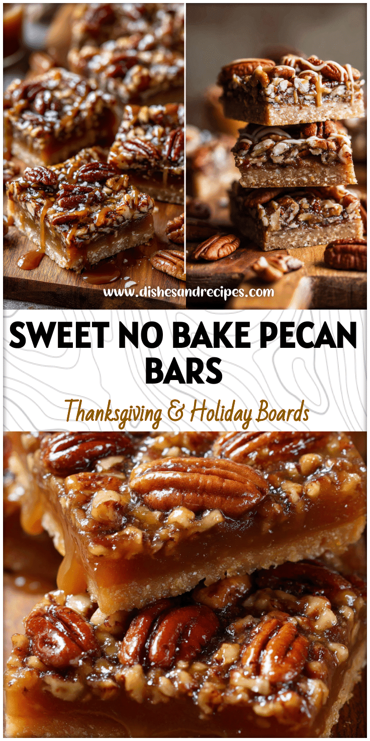 No bake pecan tart bars topped with toasted pecans and caramel drizzle on a rustic cutting board.